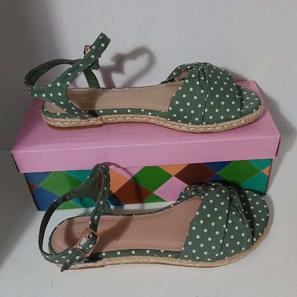 NIB Green Polkadot Espadrille Open Toe Ankle Strap Flat Sandals 8.5